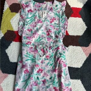 Floral womens Dress with Pink and Green flowers and ribbon at waist size s